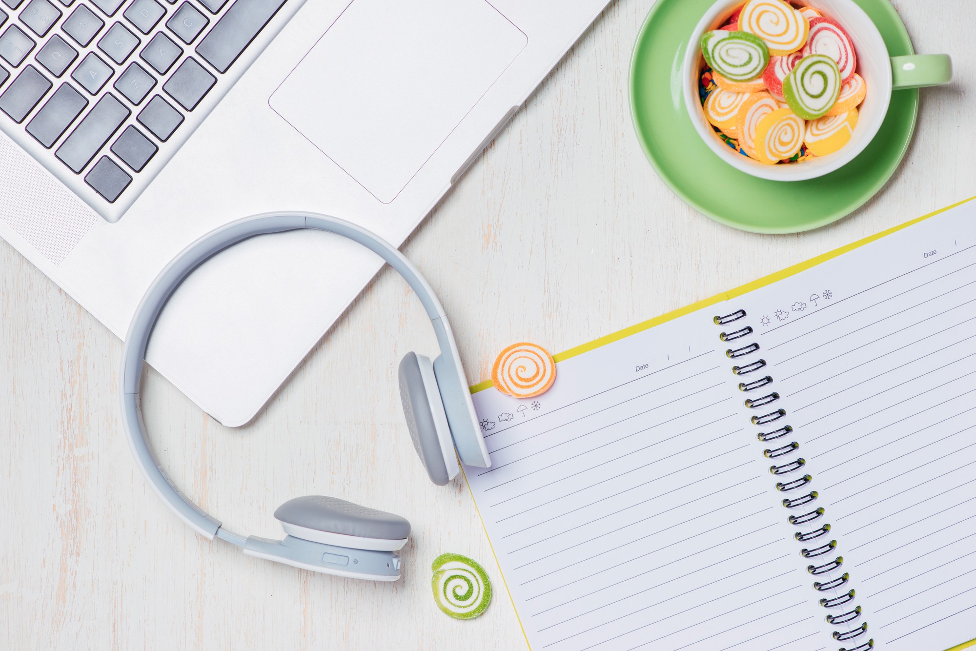 Contact desk with headset and laptop